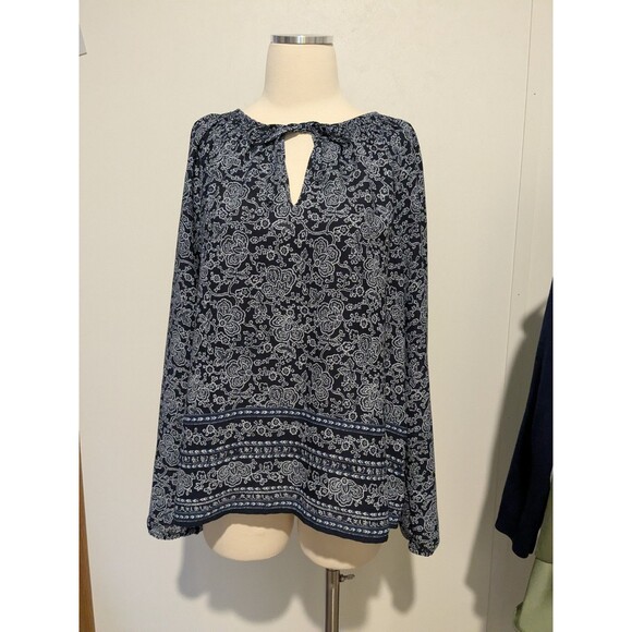 GAP | Navy Blue & White Paisley Print Smocked Peasant Blouse Size M (8-10) - Picture 2 of 6